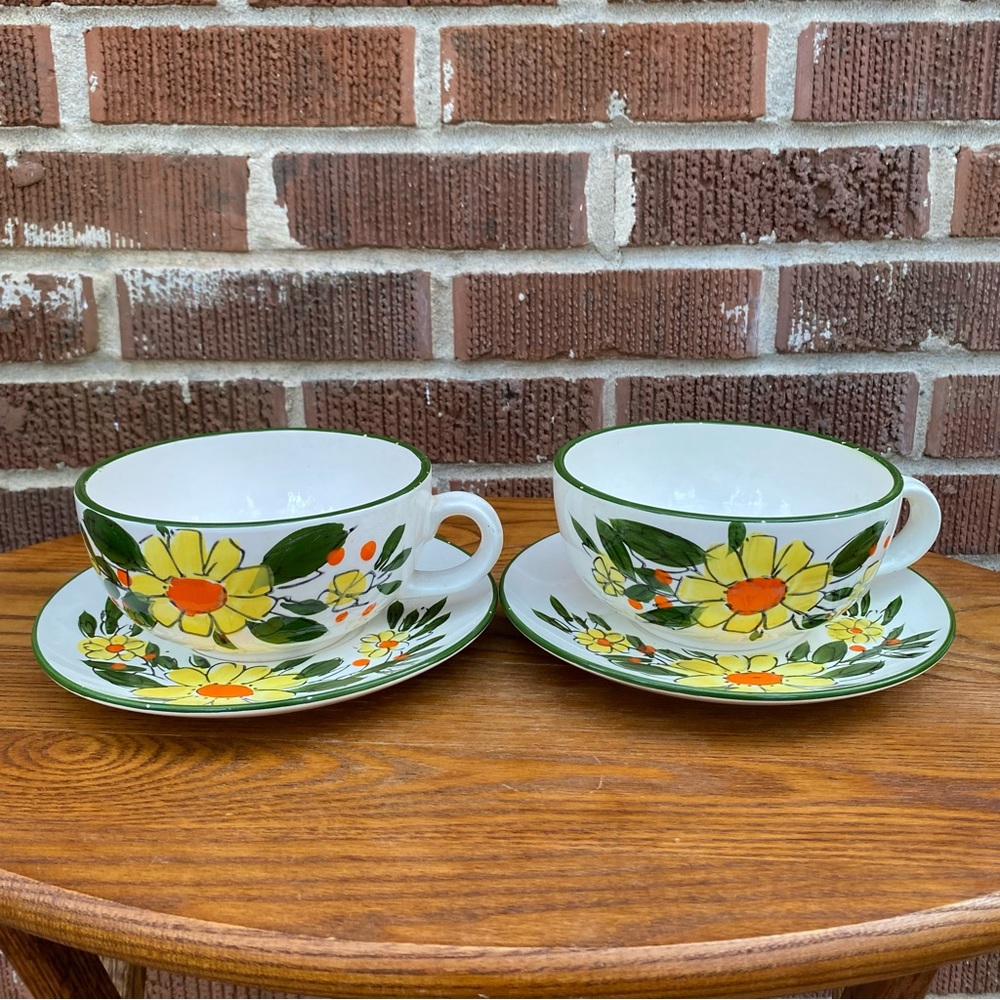 Hand Painted Large Cups and Saucers set Vintage Japan Flowers